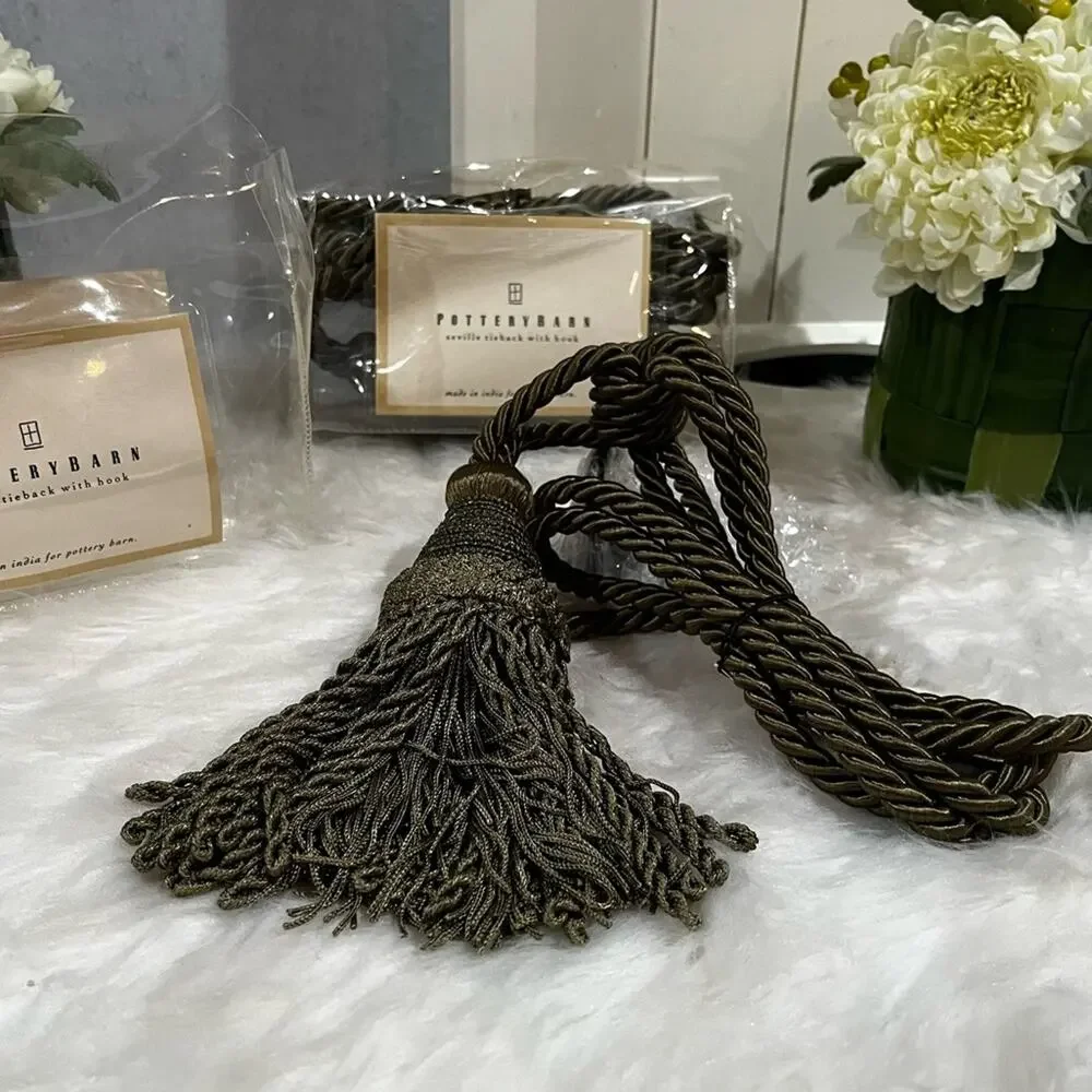NEW Pottery Barn Seville Set 2 Tassel Drapery Tie Back + Hook Lichen Green NWT